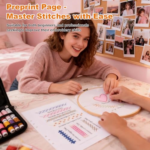 Udihch 86 PCS Embroidery Stitch Book Kit, Beginner Kit with 6 Inch Hoops