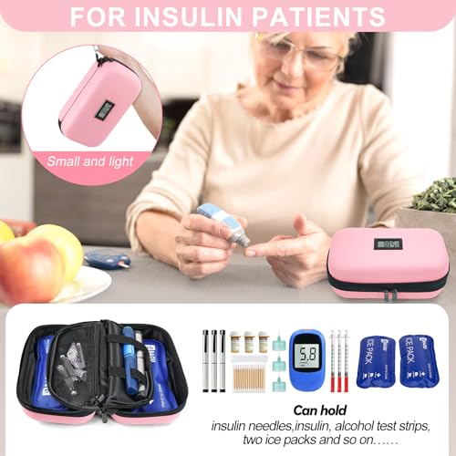 Insulin Cooler Travel Case TSA Approved 2*180g Ice Pack,Temp Display - color: Pink