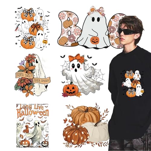 Halloween Ghost Iron on Transfers Pumpkin Bow 6 Sheets Iron on Patches Fall Floral Heat Transfer Vinyl Designs Cute Iron on Decal for Hat Women&Men T-Shirt Pillow Canvas Bag DIY Decor - size: S4