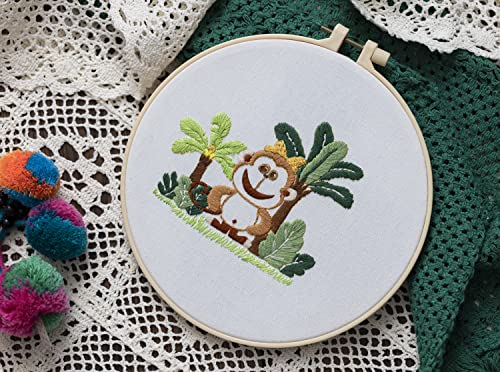 Ebherys Level 1 Embroidery Kits for Beginners and Adults, Different Animals Pattern, 1set as a Pack, inculde 1 Hoop, Instruction and Enough Threads, Easy and Basic Stitches (Monkey) - color: Monkey