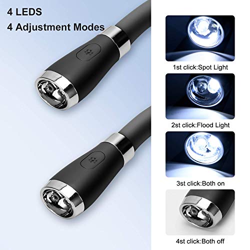 LED Neck Book Light USB Rechargeable, Hands Free, 4 Super Bright LED Bulbs, 3 Adjustable Brightness, Best for Reading in Bed, Knitting, Walking, Jogging, Mending in Night (Black) - color: Black