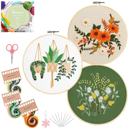 Santune 3 Sets Embroidery Kit for Beginners Needlepoint Cross Stitch Kits for Adults,Stitch Learning DIY Sets with Instruction Video,Stamped Floral Patterns,Hoop,Threads,Sewing Kit - color: Pothos Series