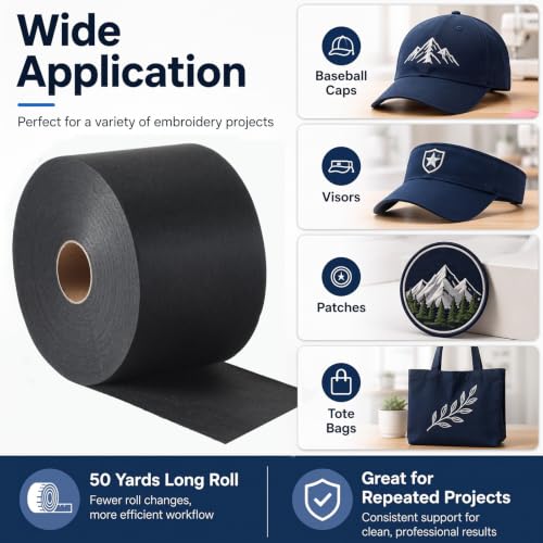 Tegeme Caps Tear Away Embroidery Stabilizer 4'' x 50 yd Roll,Black - color: Black