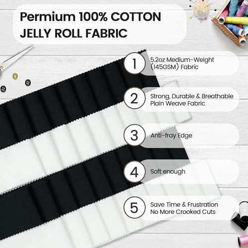 Craftido-20 Options-100% Cotton Jelly Roll Fabric Precut Strips for Quilting, Crafting, and Sewing, 40 Strips 2.5" x 44" Assorted Bundles for Rugs, Quilts, DIY Crafts and Home Decor-20 White+20 Black - color: 20 White+20 Black