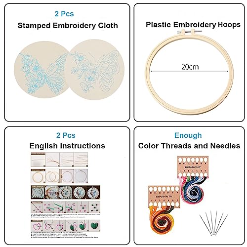 Konrisa Embroidery Starter Kits with Butterfly Flower Pattern, Stamped Cross Stitch Kits for Beginners Adults DIY Sewing Include Embroidery Hoop Embroidery Fabric Threads and Needles,Set of 2 - color: Butterfly01