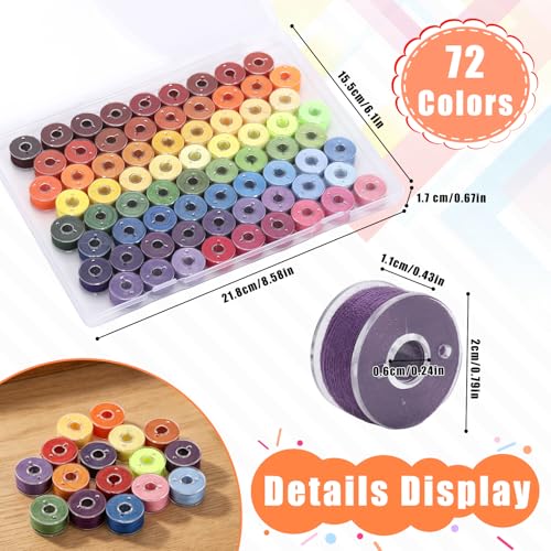 72 Pcs Pre-Wound Bobbins Sewing Thread 72 Colors (Rainbow) - color: Rainbow