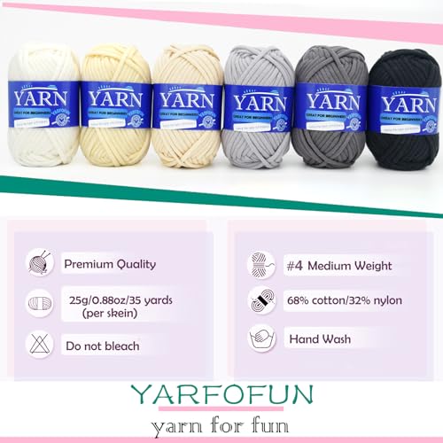 6 Pack Beginners Crochet Yarn Black Grey Beige White Cotton Nylon Blend Yarn for Crocheting Knitting with Easy-to-See Stitches - Black White Series - color: Black White Series, size: 6 PACK
