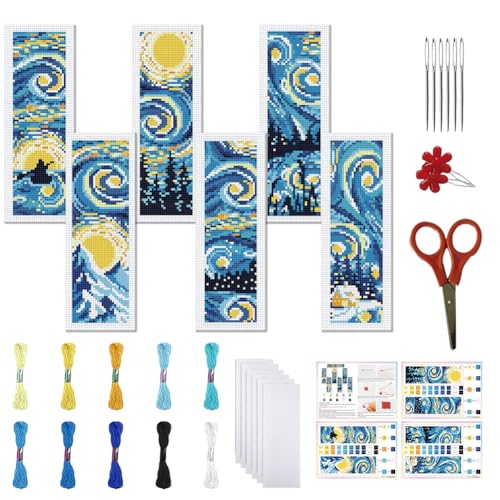 FREEBLOSS 6 Set 11CT Cross Stitch Bookmarks Kit Starry Sky 8x2.4inch - style: Star Night