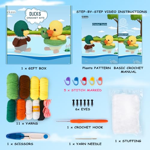 ekaus Crochet Kit for Beginners, Crochet Kit with Step-by-Step Video Tutorials, Crochet DIY Knitting Supplies for Adults, Crochet Ducks(45%+ Yarn) - color: Crochet Ducks