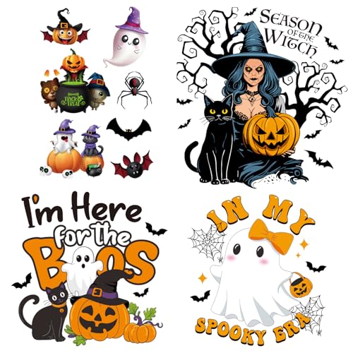 Halloween Iron on Transfer Vinyl Patches for Clothing Pumpkin Ghost Witch Black Cat Design Heat Transfer Decals for Jacket T-Shirt Bags Art Decor 4 Sheets - color: Halloween