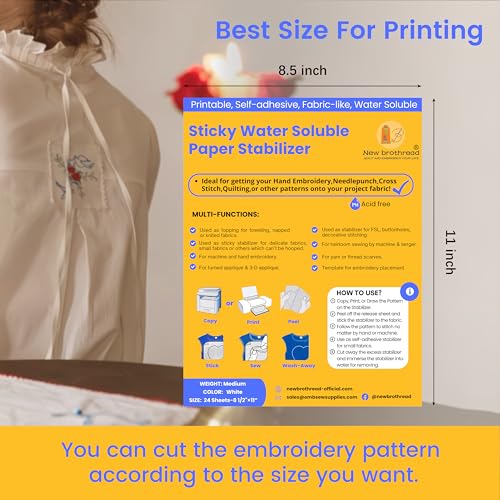 New brothread 24PCS 8.5"x11" Sticky Water Soluble Embroidery Stabilizer - size: 24P
