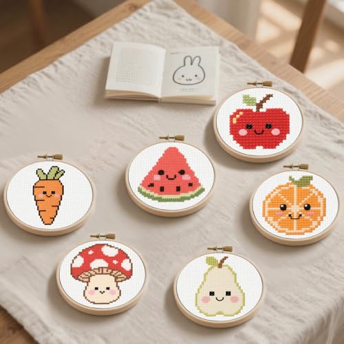 57lilina Cross Stitch Kits for Kids, 6 Set Easy Beginner Embroidery Pattern - color: Fruit A