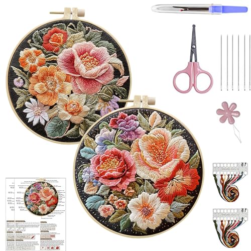 ARTopet 2Pcs Embroidery Kit for Beginners Cross Stitch Kits Needlepoint Set Colorful Flowers Patterns Embroidery Thread Kit for Craft Lover Hand Stitch with Hoop Threads Fabric-02 - color: 2Pcs-02
