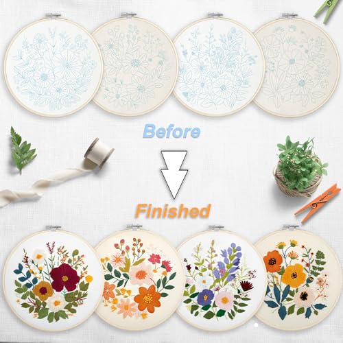 Bonroy Embroidery Kit for Beginners with Instructions,Cross Stitch Kits for Adults with Pattern,Needlepoint Kits for Adult Include Embroidery Cloth Hoops Needles Threads (flowers2) - color: flowers2