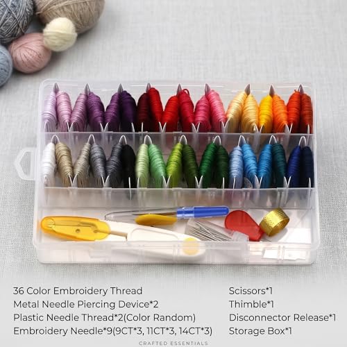 Huacan 36 Colors Embroidery Thread Kit Full Starter Tools with Storage Box - color: 36 Color（53 Pcs）
