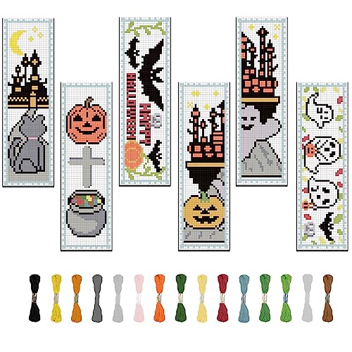 FREEBLOSS 6 Set Cross Stitch Bookmark Kit Halloween Embroidery Bookmarks Stamped Embroidery Bookmark with Instruction Counted Cross Stitch Kit for Gift Adults 8''x2.4'' - style: Halloween