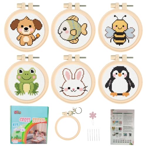 57lilina Cross Stitch Kits for Kids, 6 Set Easy Beginner Embroidery Pattern - color: Dog+Fish+Bee+Frog+Rabbit+Penguin