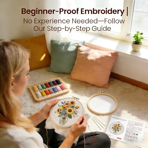 BoAn Sunflower Embroidery Kit for Beginners, DIY Cross Stitch Kit with Hoop - color: muqinjie-2