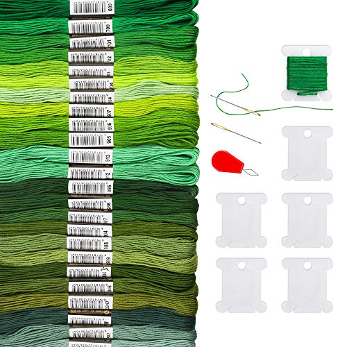 Pllieay 24 Skeins Friendship Bracelets Floss, Green Gradient Embroidery Floss, Cross Stitch Threads with 6 Floss Bobbins, 2 Embroidery Needles and 1 Needle Threader for Cross Stitch Project - color: Green Gradient