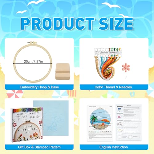 ElasignShopo Ocean Embroidery Kit for Beginners Adults, Easy Cross Stitch Kit Spring Summer Beach Ocean Pattern Embroidery Starter Kits with Wooden Hoop Needles Threads Display Stand and Instruction - color: Ocean Beach