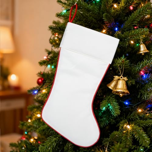 Blank White Christmas Stocking for Embroidery & DIY – Double Layer Linen Fabric with Red Trim, 17.7 Inch – Designed as a Customization Base for Creators & Small Businesses
