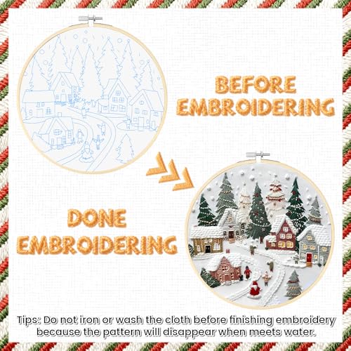 Christmas Embroidery Kit for Adults & Beginners - Gnomes & Cross Stitch Patterns, Cotton, Threads, Needles & Instructions (4 Pcs) - color: 4 Pcs, Village+Fireplace+Gnomes+Holly