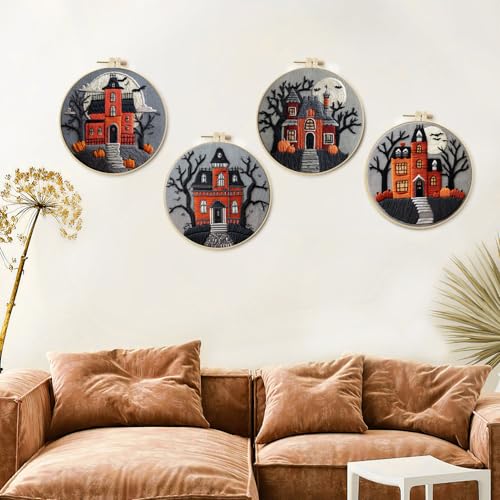 LB 4-Pack Halloween Castle Embroidery Kit for Beginners: Fall Pumpkin and Black Tree Bat Cross Stitch Kit | Adults DIY Starter Kit Includes Embroidery Hoop, Colorful Threads, Tools and Instructions - color: Black Orange