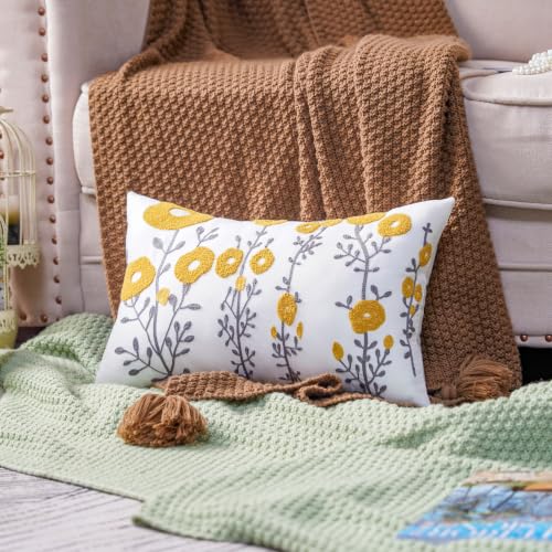 ARTMAGIC Yellow Lumbar Pillow Cover Embroidered Boho Flower Cushion Covers - color: Yellow 01, size: 20" x 12" (Pack of 1)