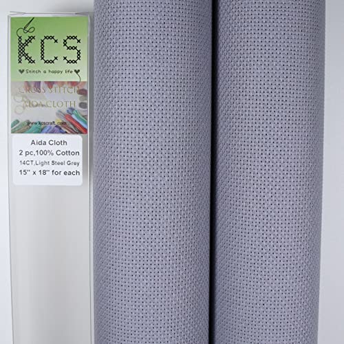 KCS 2 pc of 15" x 18" Counted Cross Stitch Cotton Aida Cloth Needlework Fabric (Light Steel Grey, 14CT) - color: Light Steel Grey, size: 14CT