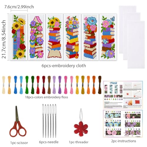 ORIGACH 6 Set Stacked Books & Flower Cross Stitch Bookmark Kit for Beginner - style: Stacked Books & Flower
