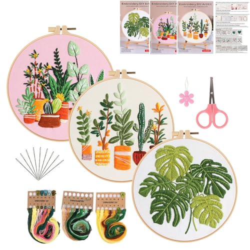 Konrisa Embroidery Kits for Adults Beginner, European Style Garden Plant Green Leaf Stamped Embroidery Starter Kit,DIY Sewing Practice, Needlepoint Cross Stitch Kit,Set of 3 - color: green plant