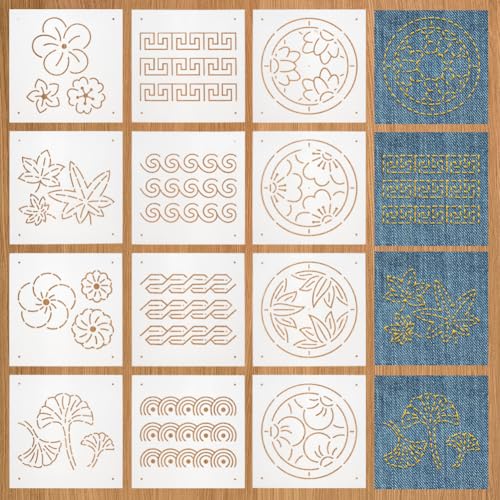 BENECREAT 12Pcs Plastic Sashiko Stencil, 5x5inch Flowers, Leaves, Continuous Pattern Embroidery Tool Drawing Line Template for Hand Quilting and Embroidery, 0.3mm Thick - style: Continuous Patterns