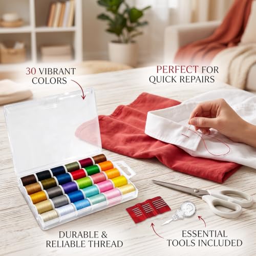 Sewing Kit for Adults,30 Colors Polyester Sewing Thread Set,Mini Spools 50 Yards,Needle and Thread Kit for Hand and Machine Sewing