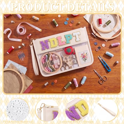 Klyyo Clyro Needlepoint Project Bag Clear Embroidery Sewing Bag Sewing Craft Organizer Storage Chenille Letter Zipper Pouch for Quilting Embroidery Knitting Stitching Cross Stitch Crochet(Cream) - color: Cream