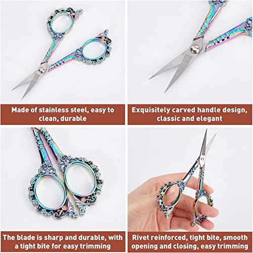 SUNNYCLUE 2Pcs Small Embroidery Sewing Scissors Detail Shears Vintage Sharp Tip Scissor Stainless Steel Scissors for Cutting Fabric Craft Knitting Threading Needlework Artwork Handicraft DIY Tool - color: Rainbow Color-2pcs-butterfly Flowers Scissors With