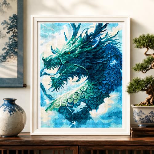 Zhenqing Dragon Stamped Cross Stitch Kit for Beginners, 11CT Printed Full Coverage Blue Green Chinese Dragon Pattern, 40 x 50 cm Fantasy Animal Embroidery Needlework Set, No Hoop Needed - color: Misty Blue Dragon