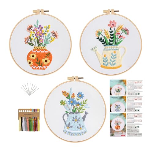 GLTAYLMY 3pcs Embroidery Starter Kit with Vase Pattern, Stamped Cross Stitch Kits for Beginners Adults with Embroidery Hoop and Instructions, Hand Embroidery Kit - color: Floral456