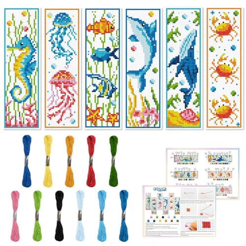 ORIGACH 6 Set Marine Animals Cross Stitch Bookmark Kit for Beginner with Backing Felt Floss Instructions DIY Stamped Embroidery Bookmark Kit for Adults, Book Lovers - style: Marine Animals