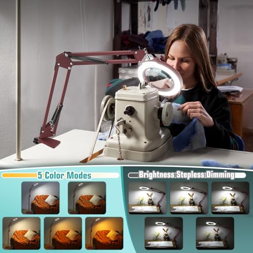 12X Magnifying Glass with Light and Stand, Real Glass Lens (Not Acrylic), 5 Color Modes, Stepless Dimmable, LED 3-in-1 Floor Lamp, Swing Arm with Clamp, Lighted Magnifier Hands Free for Crafts - Red - color: Red