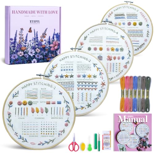 ETSPIL Beginner Embroidery Kit, 4K Video, 4 Floral Patterns, Gift Box - color: wreath 4