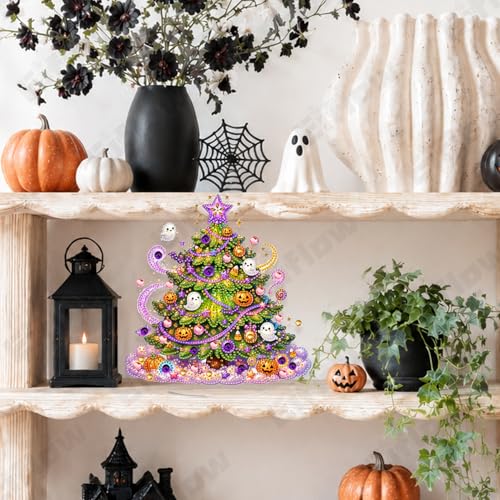 Eiflow Halloween Diamond Art Tabletop Kit for Adults Pumpkin, DIY Table Top Diamond Art Painting with Stand, Acrylic Stand Up Gem Painting Board Kit (Halloween Tree) - color: Halloween Tree