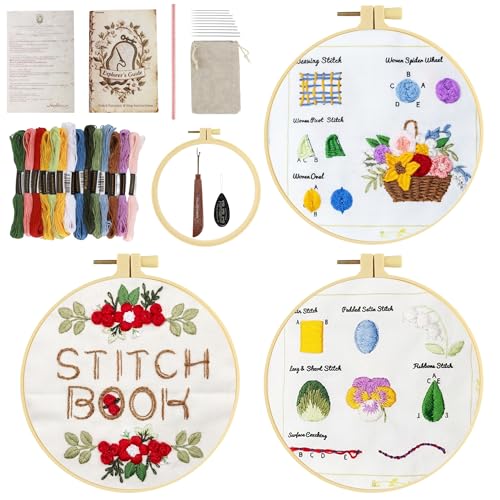 Zisekdy Embroidery Stitch Book Kit for Adults Beginners, 32 Stitches, Hand Embroidery Guide with Floral Patterns, Includes Hoop, Threads and Tools, DIY Sewing Craft Starter Set, Gift for Craft Lovers