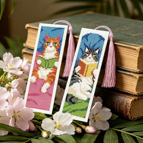ACRNIGHEET 6PCS Cross Stitch Bookmark Kit for Beginner Stamped Cross Stitch Kits for Adults Cute Reading Cat DIY Tassel Embroidery Bookmark Kits Needlepoint Kit with Instructions Gift 8.5''x3'' 11CT - style: Reading Cat with Tassel