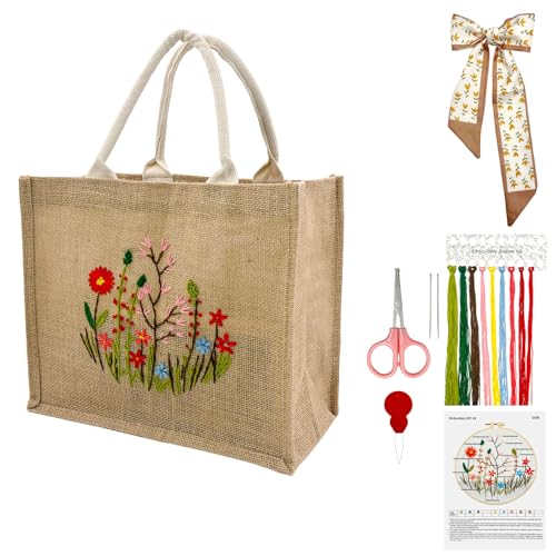 SNAIL GARDEN Linen Tote Bag DIY Embroidery Kit for Beginners with Scarf, Printed Cross Stitch Craft Kit with Thread, Needle & Guide – Reusable Grocery Bag for Women