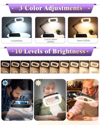 10X 30X Magnifying Glass with Light and Stand,Large Desk Lamp Magnifiers