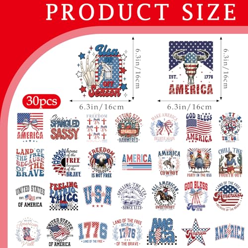 30 Pcs Patriotic DTF Transfers Ready to Press - style: 4th of July