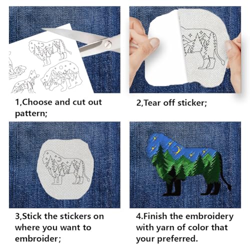 BENECREAT 4Sheets 35Pcs Forest Animals Mountain Water Soluble Embroidery, 11.7x8.3inch Wolves Deer Bear Stick and Stitch Embroidery Paper Stabilizer Water Soluble Hand Sewing for Shirts, Coats, Bags