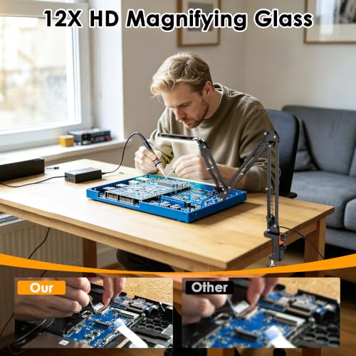 12X Magnifying Glass with Light and Stand Hands Free, Long Swing Arm Lighted Magnifier Lamp for Close Work, Dimmable Desk Magnifying Light with Clamp for Soldering Craft Jewelry Bench Sewing