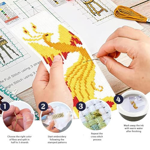 ACRNIGHEET 6PCS Cross Stitch Bookmark Kit for Beginner Stamped Cross Stitch Kits for Adults Phoenix DIY Tassel Embroidery Bookmark Kits Needlepoint Kit with Instructions Craft Gift 8.5''x3'' 11CT - style: Phoenix with Tassel
