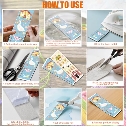 FREEBLOSS 6 Set Cross Stitch Bookmark Kit for Beginner Adults Farm Animal Stamped Embroidery Bookmark Kits Cross Stitch Kits with Instruction Bookmarks Making Kit for Book Lovers 8x2.4in/20x6cm - style: Goose&Barn&Blanket